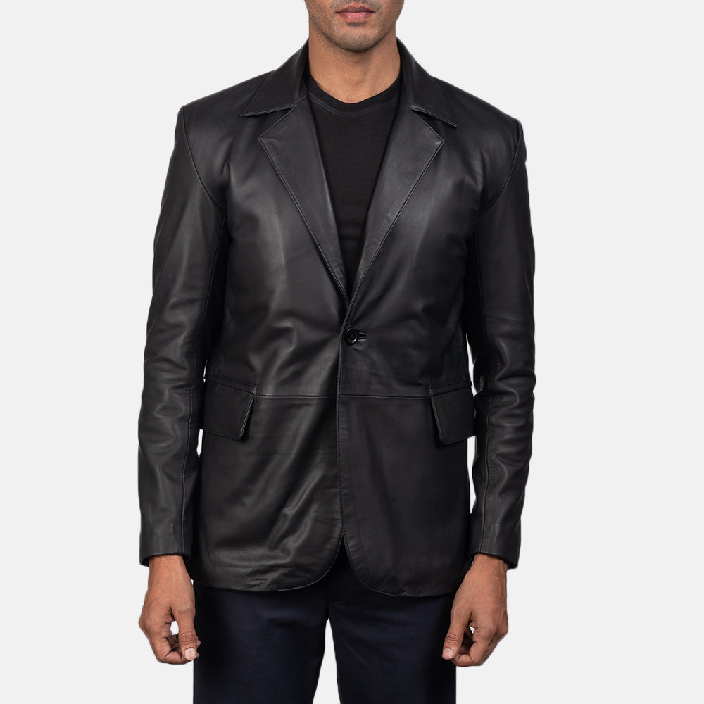 Men's Daron أسود بليزر جلد رجالي in Black Sheepskin Leather - Front Profile View &amp; Tailored Silhouette | Buy Online