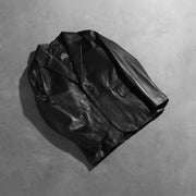 Open Hem &amp; Hem Craftsmanship Construction Detail on Men's Daron أسود بليزر جلد رجالي