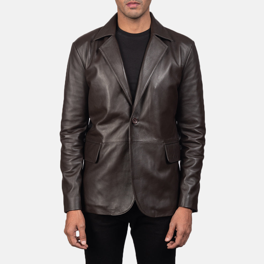Daron بني بليزر جلد رجالي in Brown Sheepskin Leather - Front Profile View &amp; Tailored Silhouette | Buy Online