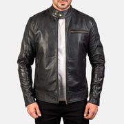 Dean أسود جاكيت بايكر جلد رجالي in Black Cow Hide Leather - Front Profile View &amp; Tailored Silhouette | Buy Online