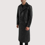 
Black Cowhide leather Coat - عرض خلفي يوضح تفصيل الأكتاف المتقن والحاشية النظيفة