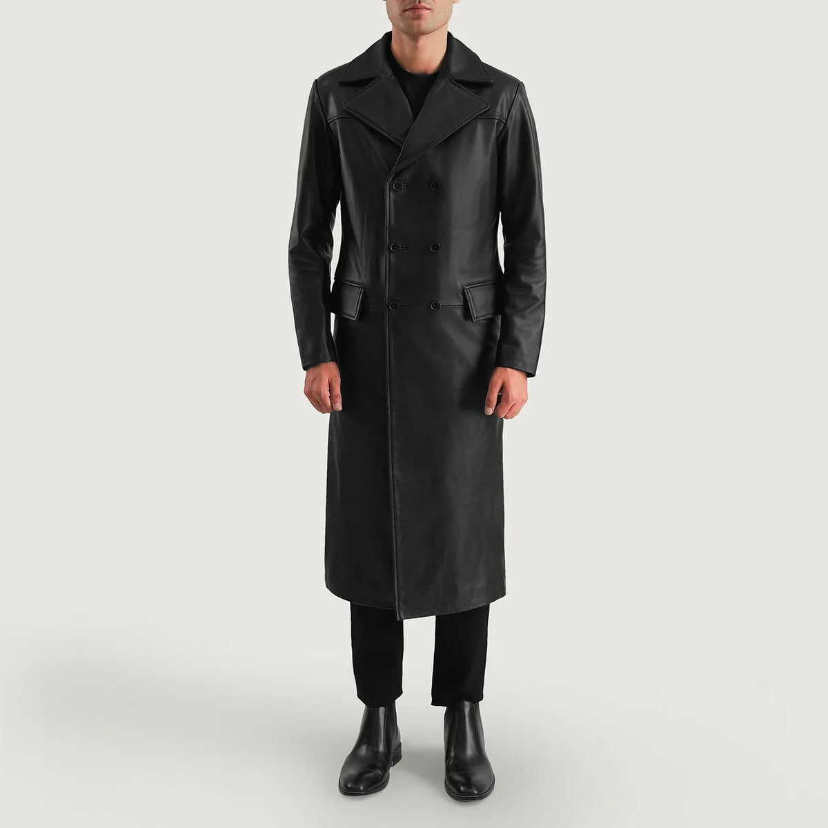 
Delmar Black Leather Double Breasted Coat - عرض جانبي يوضح قَصّة الأكمام المريحة