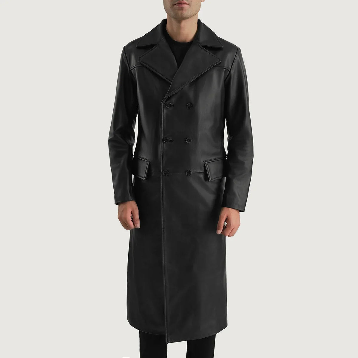 
تفاصيل مقربة of Notch & Button Hardware on Delmar Black Leather Double Breasted Coat