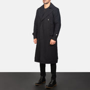 Black Synthetic Wool Trench Coat - عرض خلفي يوضح تفصيل الأكتاف وحاشية السترة المتقنة