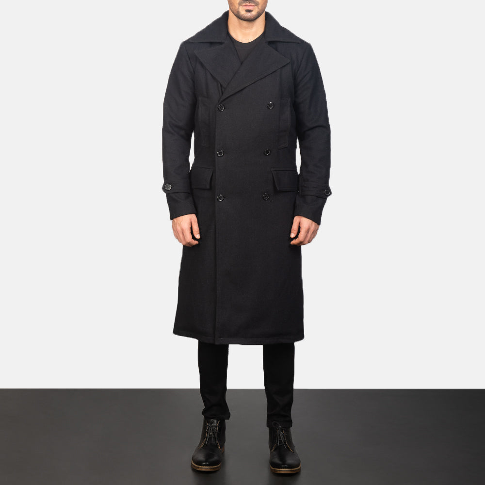 تفاصيل مقربة of Notch &amp; Button Hardware on Detective أسود Wool معطف جلد رجالي