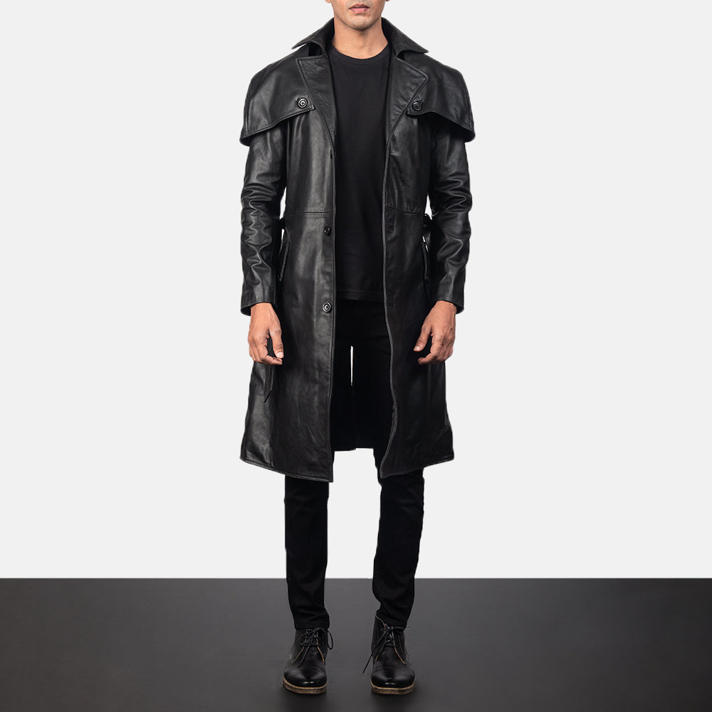 Men's Deux أسود Leather Duster رجالي in Black Cowhide Leather - Front Profile View &amp; Tailored Silhouette | Buy Online