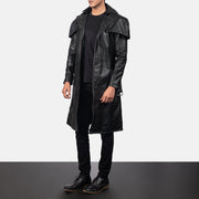 Men's Deux أسود Leather Duster رجالي - Lateral Side Profile View Showing Sleeve Cut &amp; Athletic Taper Fit