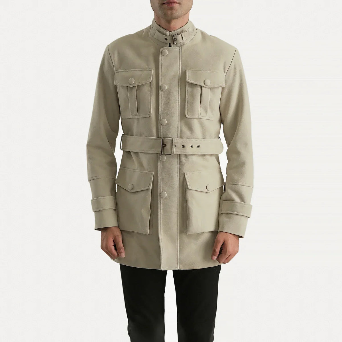 Dolf Off-White جاكيت شمواه طبيعي رجالي in Off-White Cowhide Suede - Front Profile View &amp; Tailored Silhouette | Buy Online