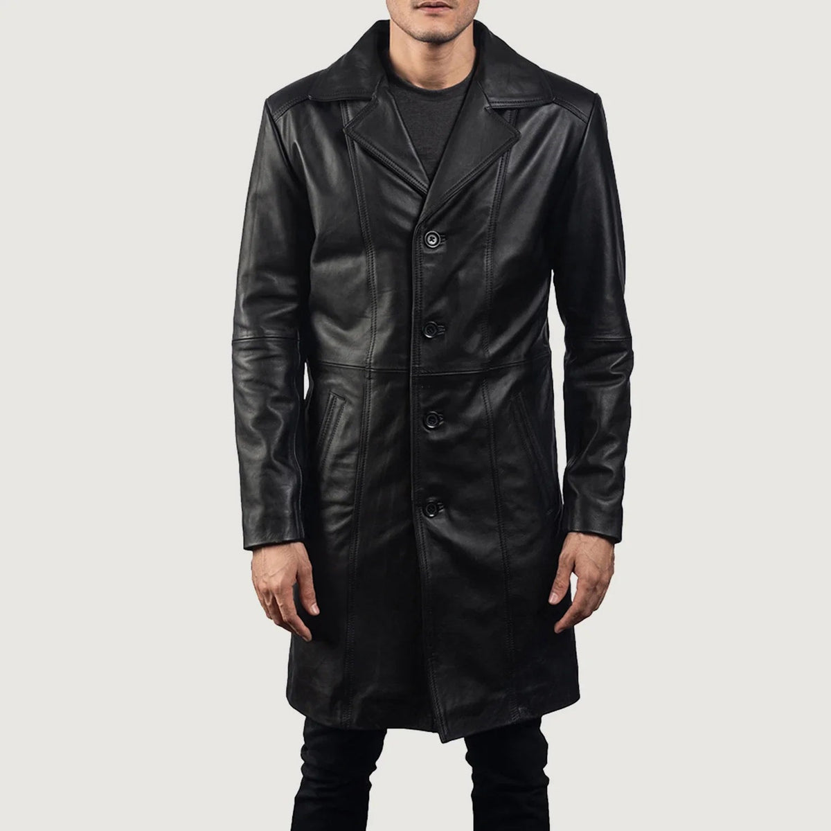 Men's Don Long أسود معطف جلد رجالي - Lateral Side Profile View Showing Sleeve Cut &amp; Athletic Taper Fit