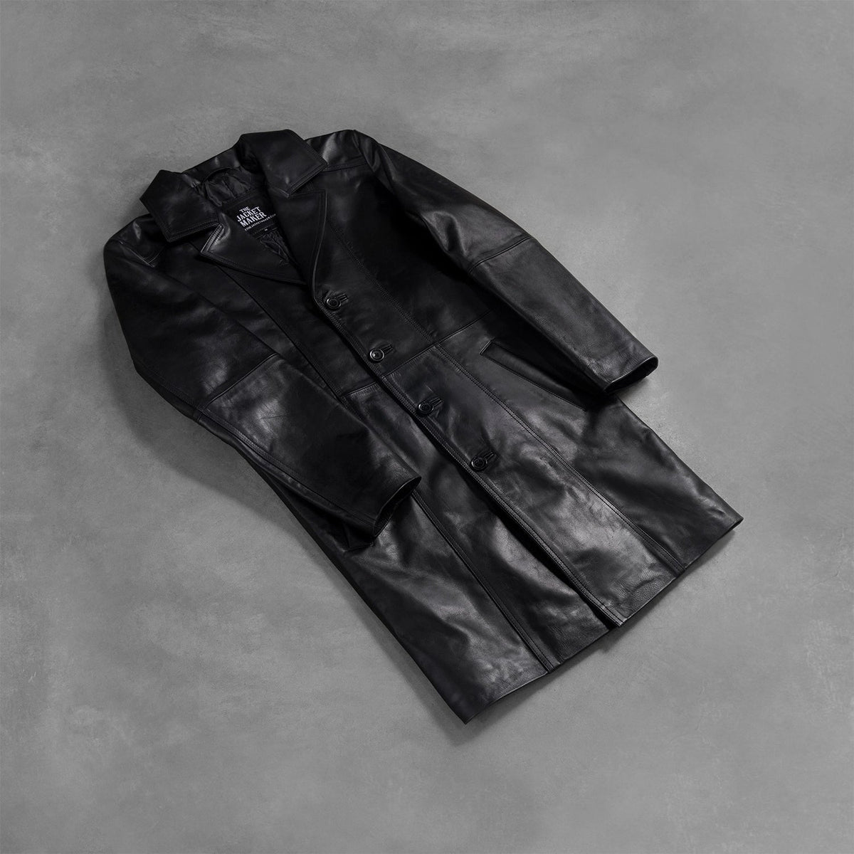 Open hem &amp; Hem Craftsmanship Construction Detail on Men's Don Long أسود معطف جلد رجالي