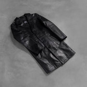 Open hem &amp; Hem Craftsmanship Construction Detail on Men's Don Long أسود معطف جلد رجالي