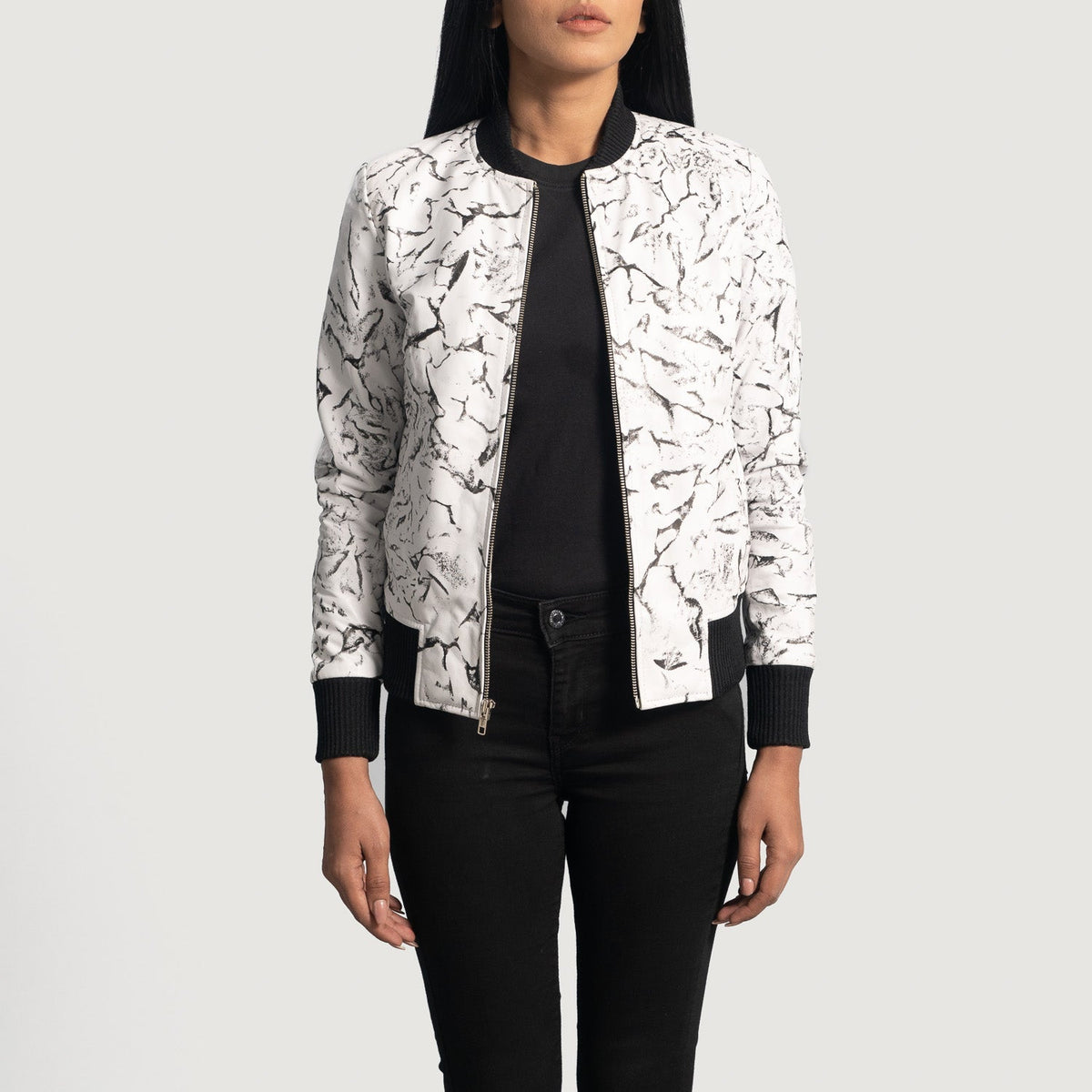 Women's Donna Blake White جاكيت بومبر جلد نسائي - Lateral Side Profile View Showing Sleeve Cut &amp; Athletic Taper Fit