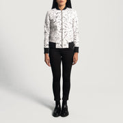 Close-Up Detail of Varsity &amp; Zipper Hardware on Women's Donna Blake White جاكيت بومبر جلد نسائي