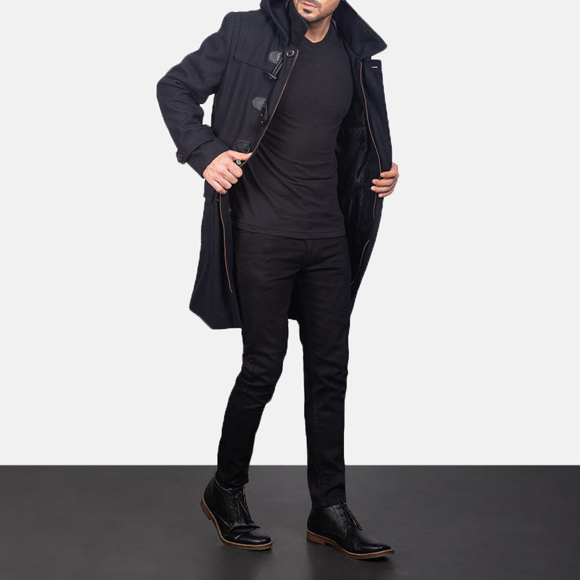 Drake أسود Wool Hooded Duffle معطف جلد فاخر رجالي