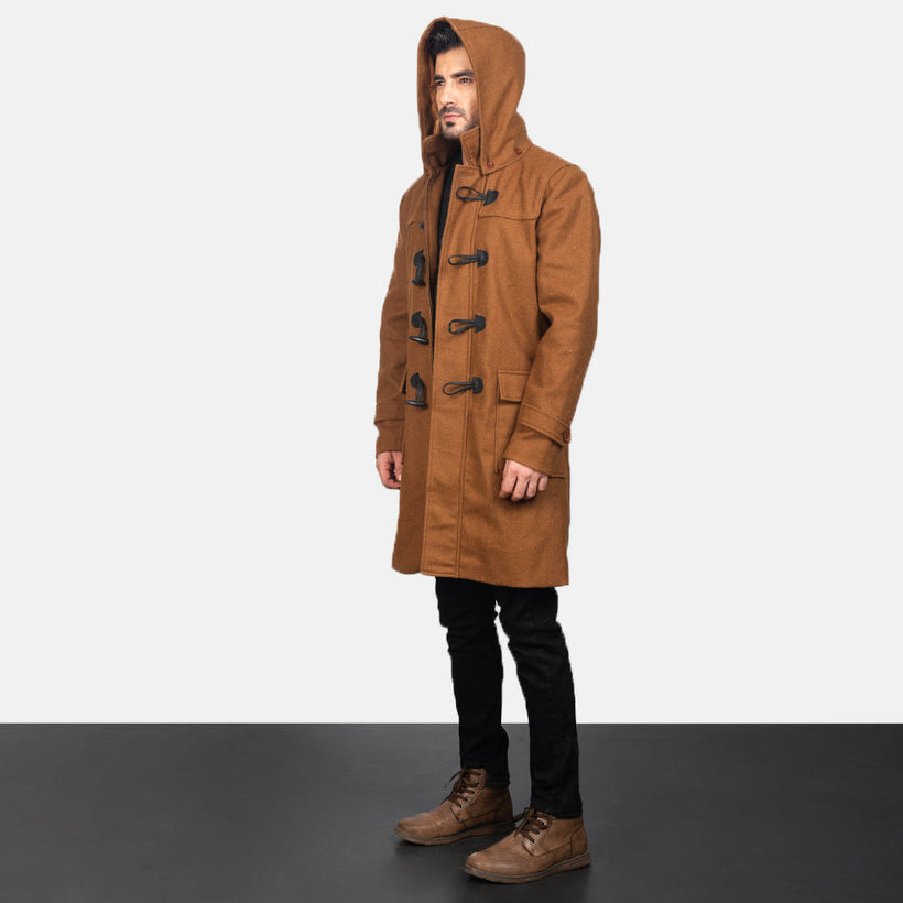 Drake Khaki Wool Hooded Duffle معطف جلد فاخر رجالي