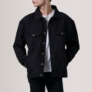 Eddie أسود Oversized Denim Trucker جاكيت جلد رجالي For Men in Black Full-Grain Leather - Front Profile View &amp; Tailored Silhouette | Buy Online