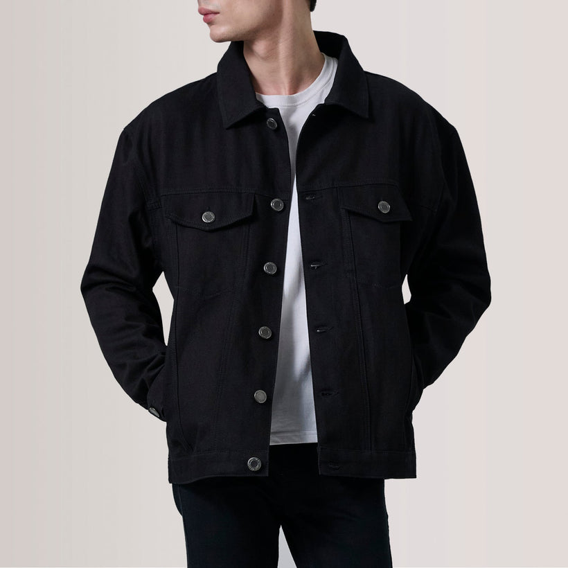 Eddie أسود Oversized Denim Trucker جاكيت جلد رجالي