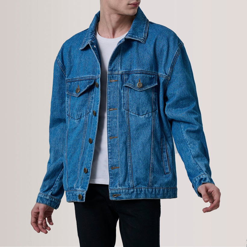 Eddie Dark أزرق Oversized Denim Trucker جاكيت جلد رجالي