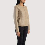 
Beige Sheepskin Leather Biker Jacket - عرض خلفي يوضح تفصيل الأكتاف المتقن والحاشية النظيفة