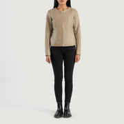 
Elixir Beige Collarless Leather Jacket - عرض جانبي يوضح قَصّة الأكمام المريحة