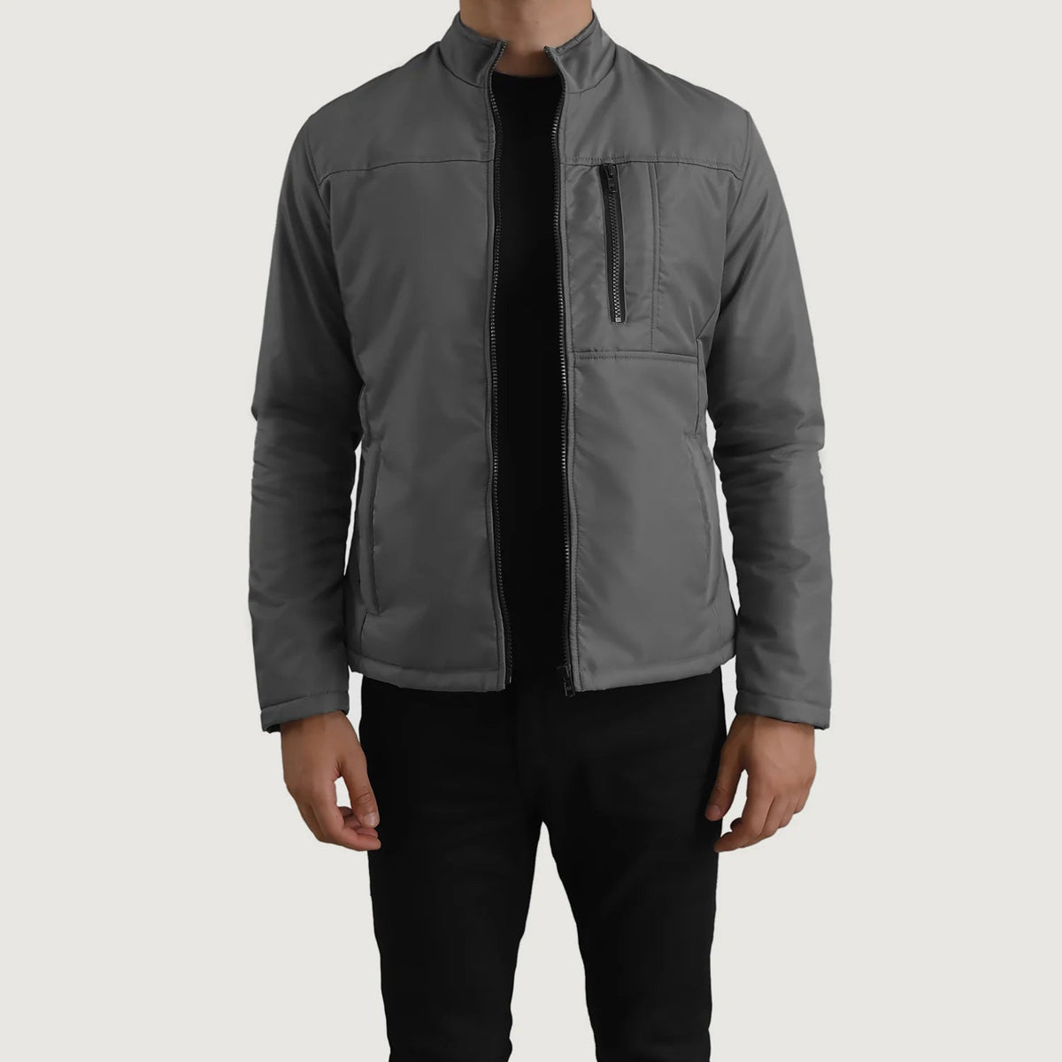 Elliot Grey Lightweight جاكيت جلد رجالي in Grey Full-Grain Leather - Front Profile View &amp; Tailored Silhouette | Buy Online