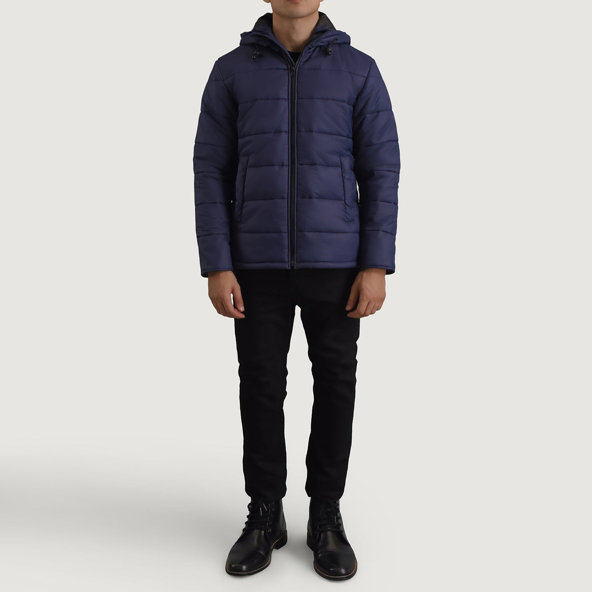Erico أزرق Hooded Puffer جاكيت جلد رجالي - Lateral Side Profile View Showing Sleeve Cut &amp; Athletic Taper Fit