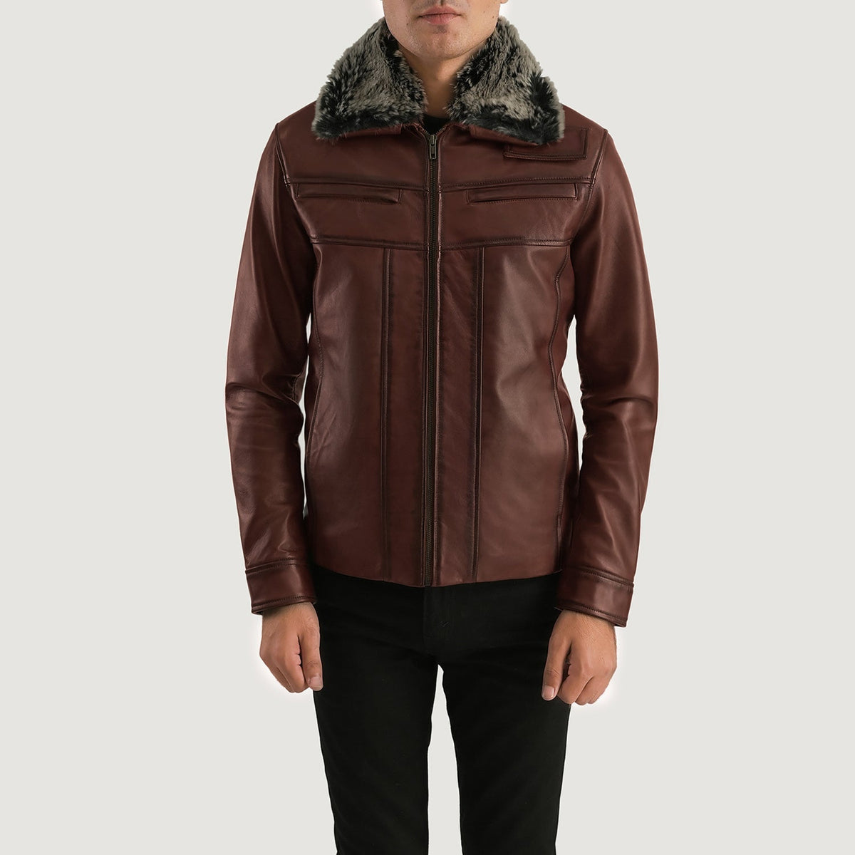 
Evan Hart Fur بني جاكيت جلد رجالي in Distressed Brown Sheepskin Burnishing - عرض أمامي وقَصّة مفصلة أنيقة | شراء أونلاين عبر المتجر الرسمي