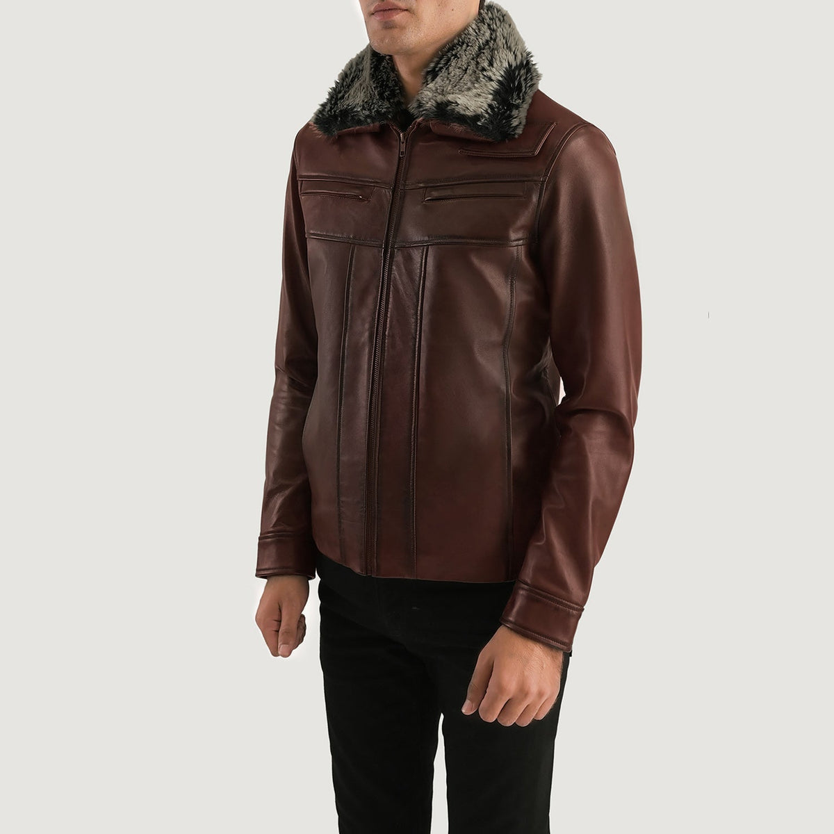 
Distressed Brown Sheepskin Burnishing Aviator Jacket - عرض خلفي يوضح تفصيل الأكتاف المتقن والحاشية النظيفة