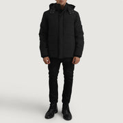 Close-Up Detail of Classic Collar &amp; Zipper With Placket. Hardware on Exton أسود Hooded Down Puffer جاكيت جلد رجالي