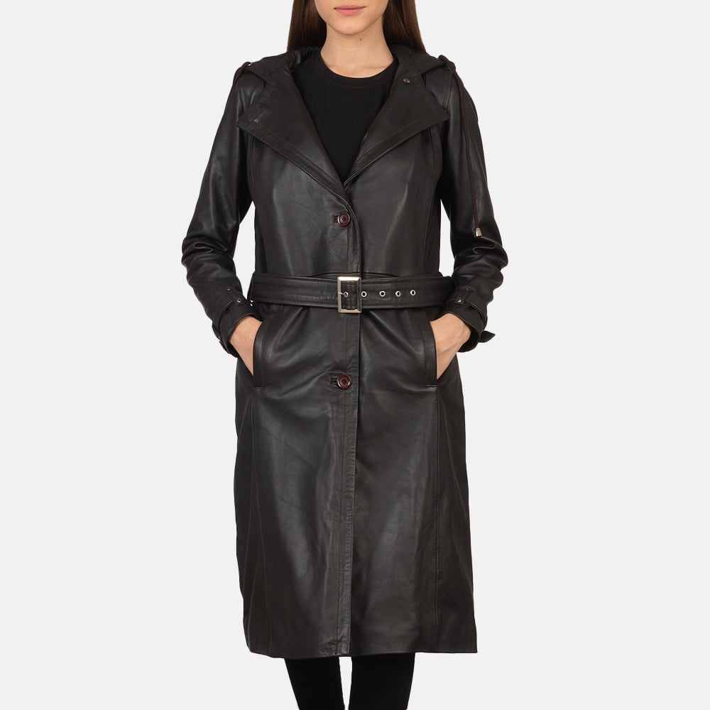 Fixon Hooded Brown Trench Coat in Brown Sheepskin Leather - عرض أمامي وقَصّة مفصلة أنيقة | شراء أونلاين عبر المتجر الرسمي
