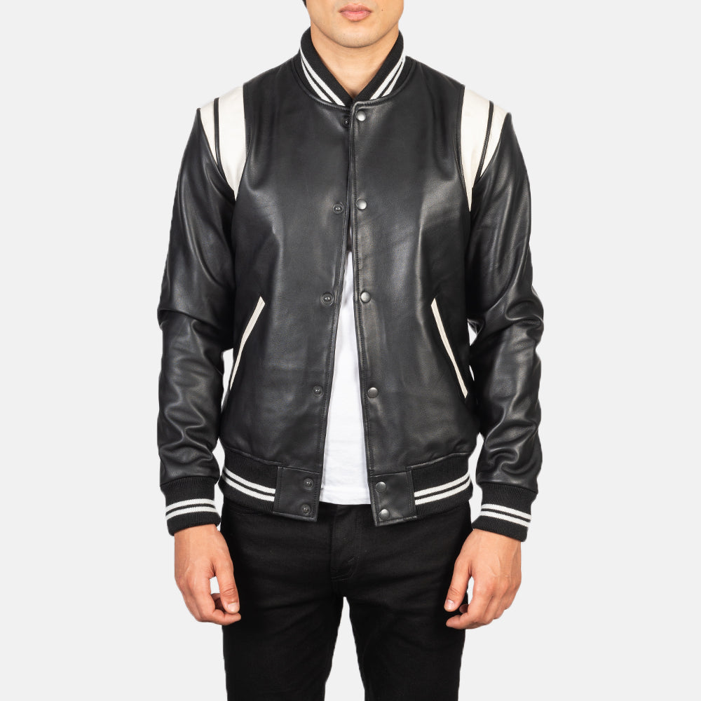 Men's Dantee Black Leather Varsity Jacket in Black &amp; White Sheepskin Leather - Front Profile View &amp; Tailored Silhouette | Buy Online