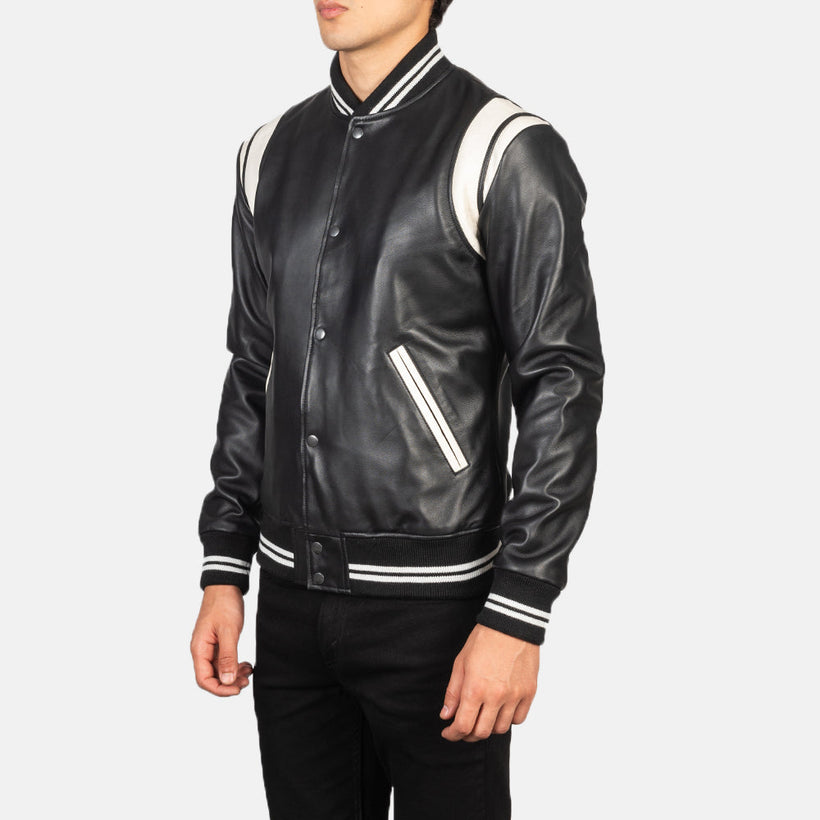 [FS] Dantee أسود Leather Varsity جاكيت جلد رجالي