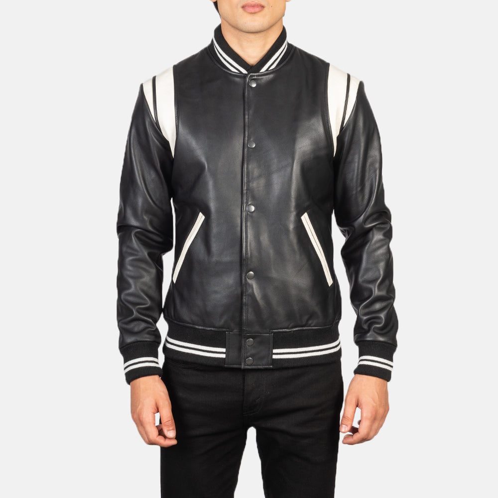 Close-Up Detail of Varsity &amp; Snap Buttons Hardware on Men's Dantee Black Leather Varsity Jacket