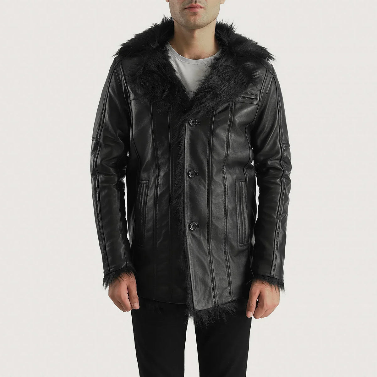 Men's Furcliff أسود معطف جلد رجالي in Black Sheepskin Leather - Front Profile View &amp; Tailored Silhouette | Buy Online