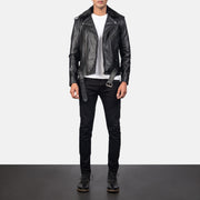 Men's Furton Black Leather Biker Jacket - Lateral Side Profile View Showing Sleeve Cut &amp; Athletic Taper Fit