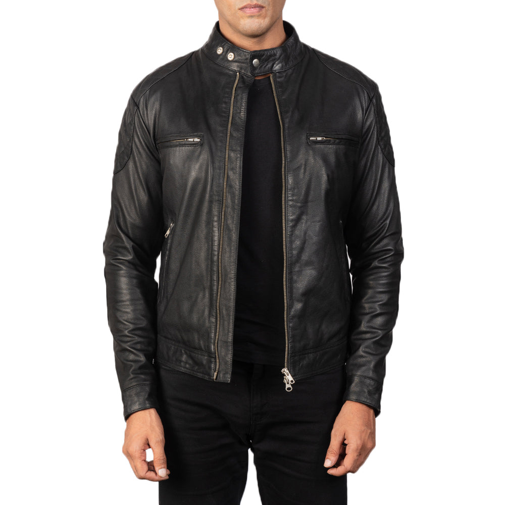 
Gatsby Quilted Black Leather Biker Jacket in Black Goatskin Leather - عرض أمامي وقَصّة مفصلة أنيقة | شراء أونلاين عبر المتجر الرسمي