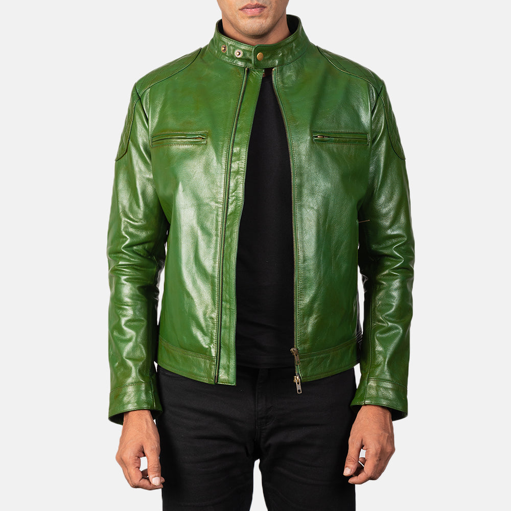 
Gatsby Quilted Green Leather Biker Jacket in Green Sheepskin Burnishing - عرض أمامي وقَصّة مفصلة أنيقة | شراء أونلاين عبر المتجر الرسمي