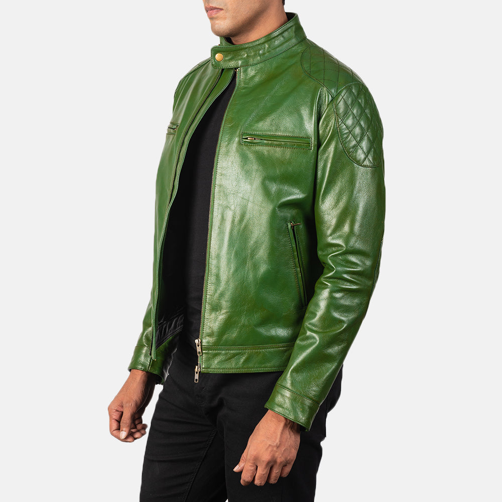
Green Sheepskin Burnishing Biker Jacket - عرض خلفي يوضح تفصيل الأكتاف المتقن والحاشية النظيفة