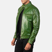 
Green Sheepskin Burnishing Biker Jacket - عرض خلفي يوضح تفصيل الأكتاف المتقن والحاشية النظيفة