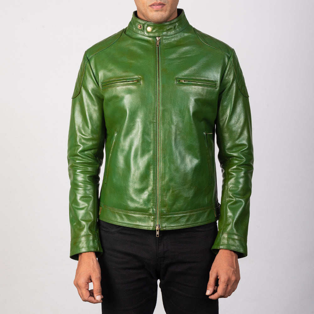 
Gatsby Quilted Green Leather Biker Jacket - عرض جانبي يوضح قَصّة الأكمام المريحة