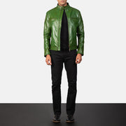 
تفاصيل مقربة of Band with snap buttons & Zipper Hardware on Gatsby Quilted Green Leather Biker Jacket