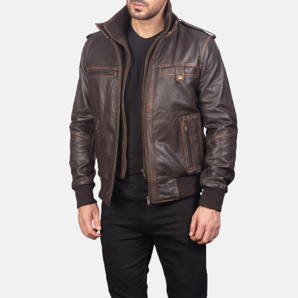 
Street Brown Leather Bomber Jacket in Brown Goatskin Leather - عرض أمامي وقَصّة مفصلة أنيقة | شراء أونلاين عبر المتجر الرسمي
