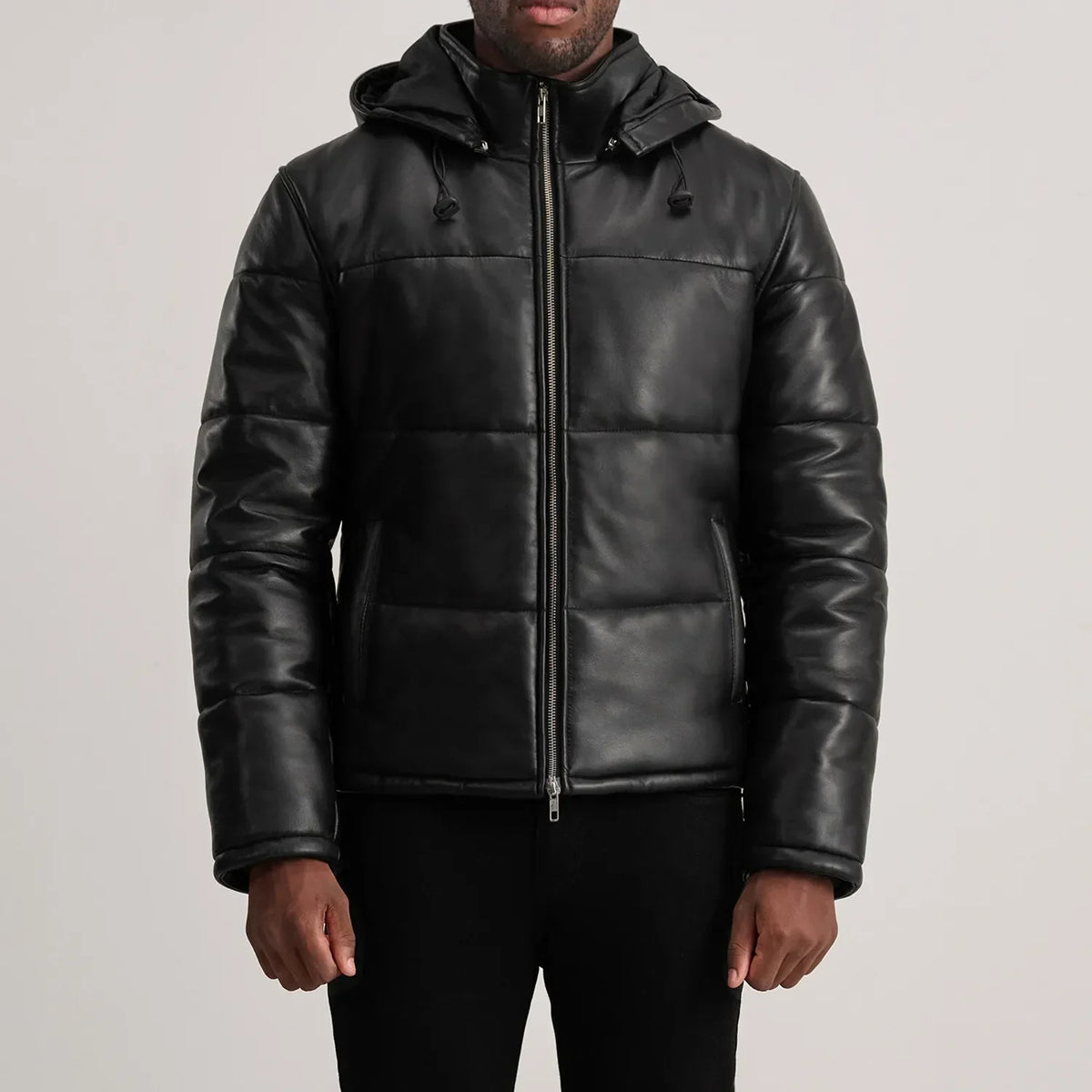 
تفاصيل مقربة of High neck & Zipper Hardware on Gordon Tan Hooded Leather Puffer Jacket
