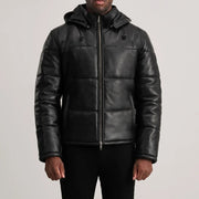 
تفاصيل مقربة of High neck & Zipper Hardware on Gordon Tan Hooded Leather Puffer Jacket