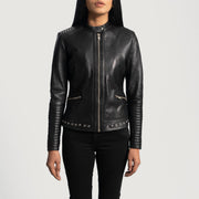 Women's Haley Ray أسود جاكيت بايكر جلد نسائي in Black Sheepskin Leather - Front Profile View &amp; Tailored Silhouette | Buy Online