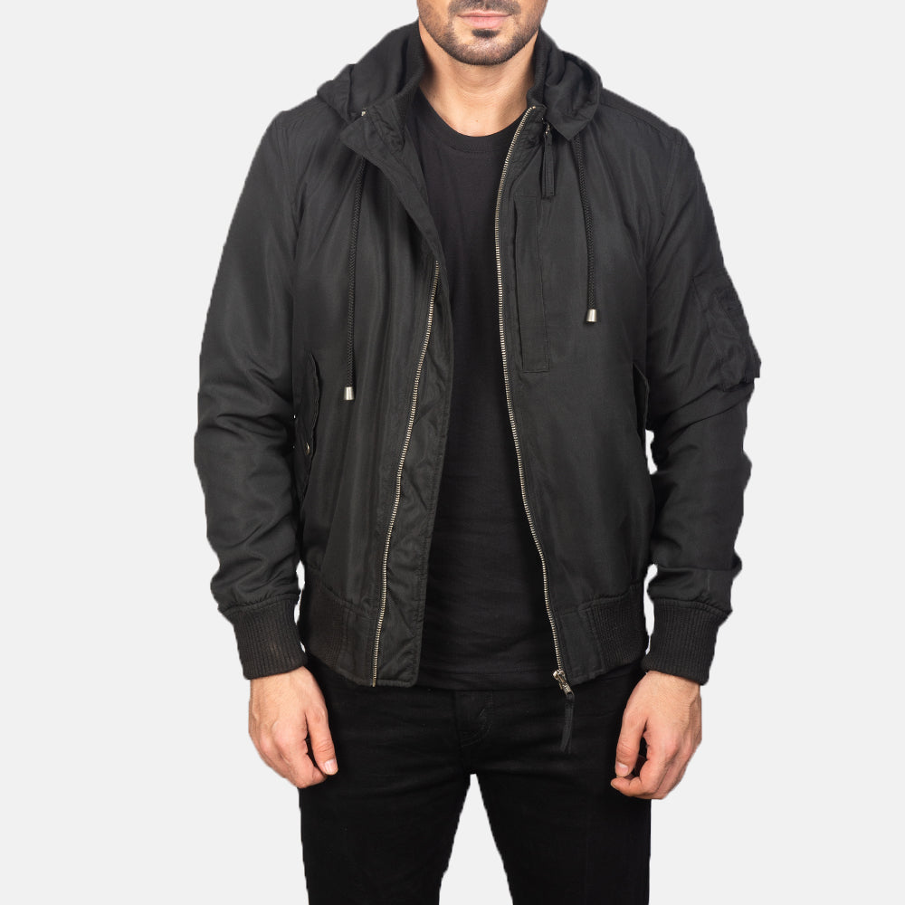 
Hanklin Ma-1 Black Hooded Bomber Jacket in Black Polyester - عرض أمامي وقَصّة مفصلة أنيقة | شراء أونلاين عبر المتجر الرسمي