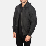 
Black Polyester Bomber Jacket - عرض خلفي يوضح تفصيل الأكتاف المتقن والحاشية النظيفة