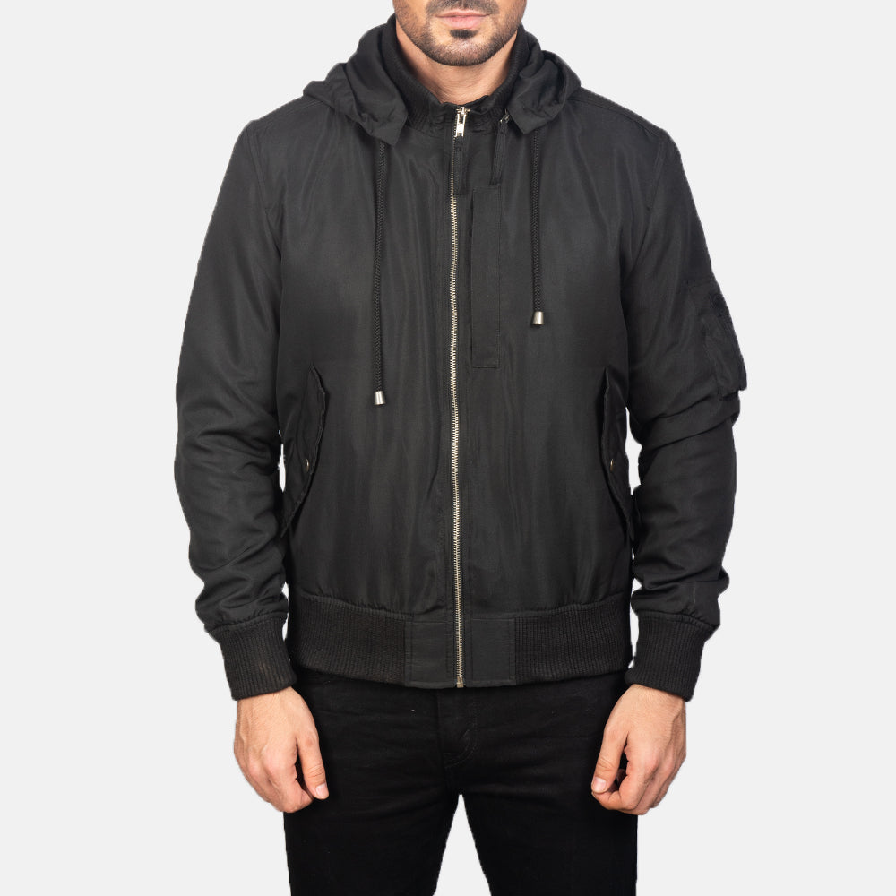 
تفاصيل مقربة of Knit Rib with Removable Polyester Hood & Zipper Hardware on Hanklin Ma-1 Black Hooded Bomber Jacket