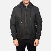 
تفاصيل مقربة of Knit Rib with Removable Polyester Hood & Zipper Hardware on Hanklin Ma-1 Black Hooded Bomber Jacket