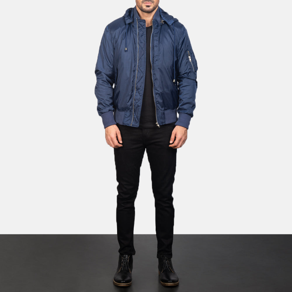 
Blue Hooded Bomber Jacket - عرض جانبي يوضح قَصّة الأكمام المريحة